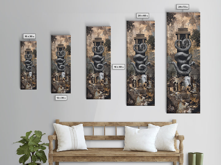 Black Serpent Coiled Around Ancient Monument Framed Canvas Print, Mystical Wall Art, Gothic Ruins Decor For Living Room Gift