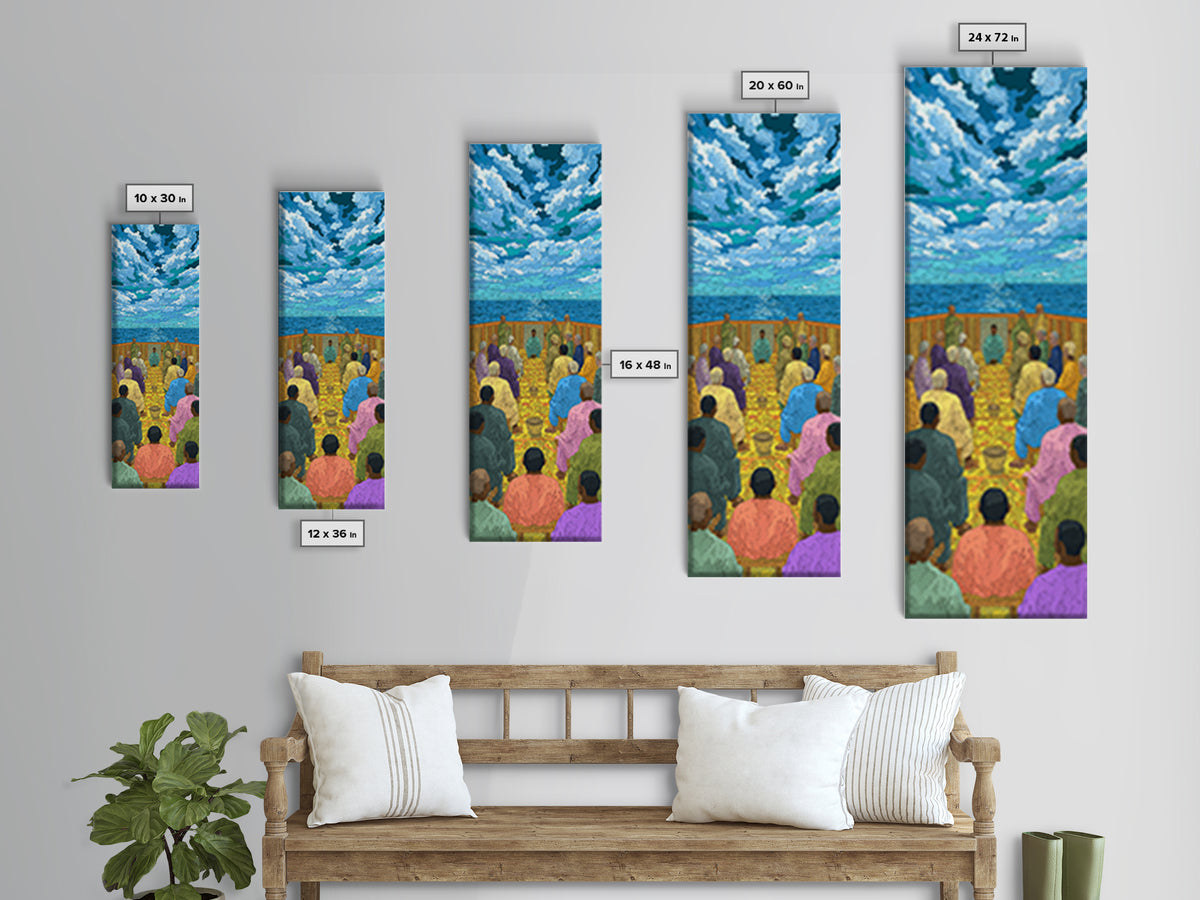 Ocean Baptism Gathering Under Blue Sky Canvas Print, African Spiritual Wall Decor, Coastal Church Art, Serene Home Gift, Calm Decor
