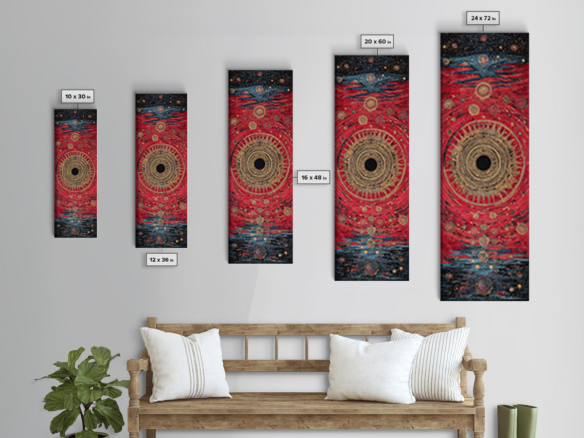 Red Gold Celestial Vortex Mandala Canvas Print, Abstract African Inspired Wall Art, Mystical Boho Decor For Spiritual Room