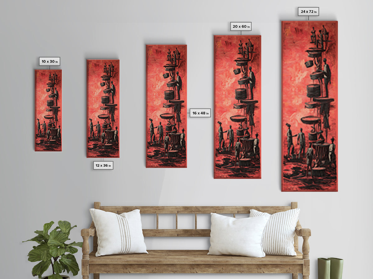 Red Surreal Figures Climbing Stacked Paths Wall Art, African Abstract Story Print, Modern Black Culture Decor Canvas For Office