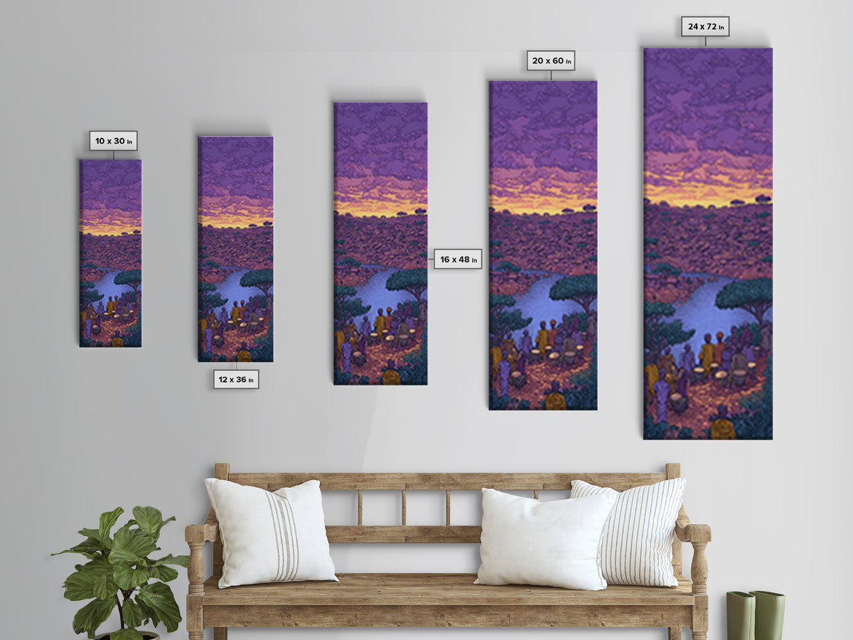 Purple African River City Sunset Wall Art, African Landscape Painting Print, Cultural Home Decor Canvas For Living Room Gift