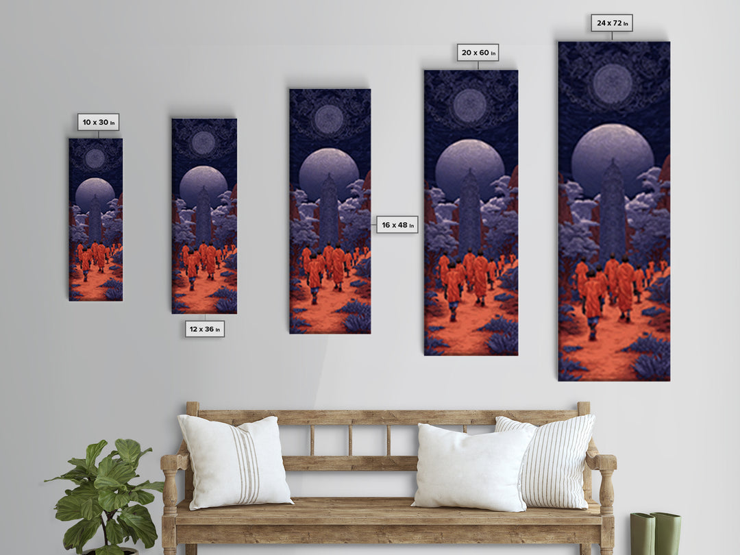 Orange Robed Pilgrims Beneath Twin Moons, African Wall Art, Afrocentric Decor, Mystical Landscape, Cultural Home Decor Gift