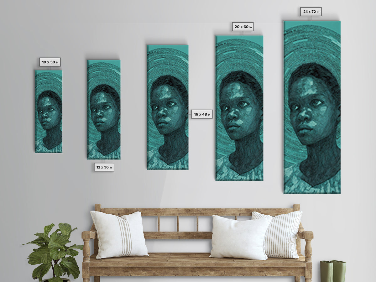 Teal Black Child Portrait With Halo Lines, Wall Art, Black Girl Art, Afrocentric Decor, Feminine Home Decor Gift For Her