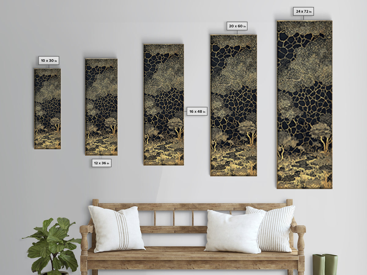 Gold Acacia Trees In Cracked Night Landscape Canvas Print, African Wall Art, Black And Gold Tribal Decor, Luxury Home Accent