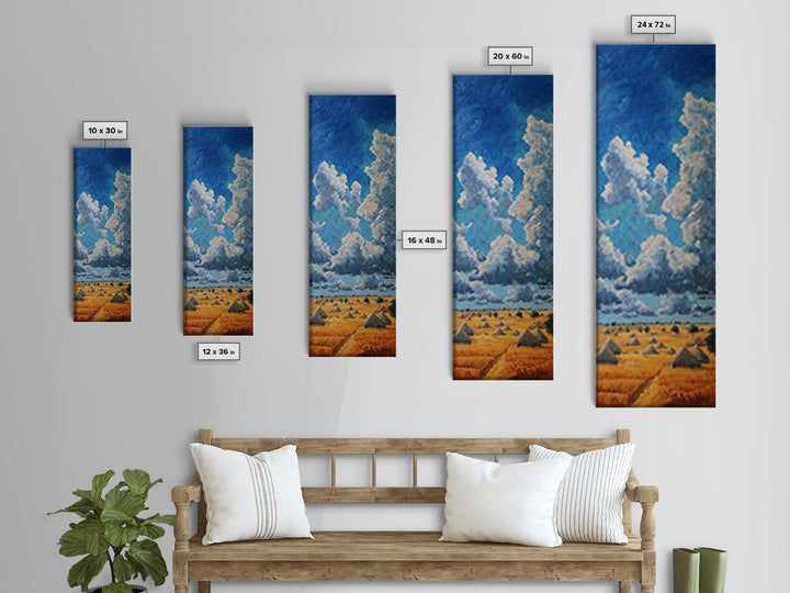 Golden Savanna Huts Under Towering Blue Clouds Canvas Print, African Landscape Wall Decor, Safari Art For Living Room Decor Gift