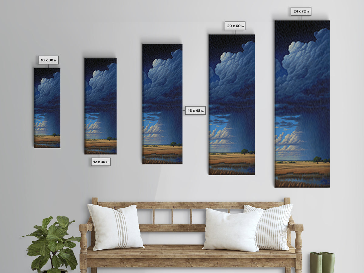 Night Rainstorm Over Wide Golden Plains Wall Art, African Landscape Print, Moody Storm Decor, Blue Safari Canvas Gift For Home