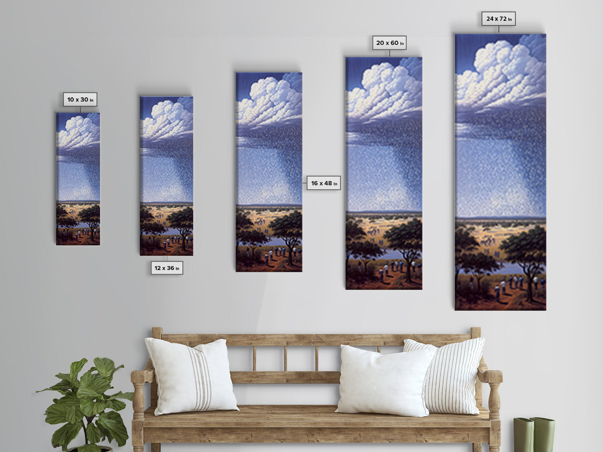 Gathering Under Vast Rain Clouds Wall Art, African Landscape Painting, Blue Sky Safari Decor, Statement Canvas Print For Home
