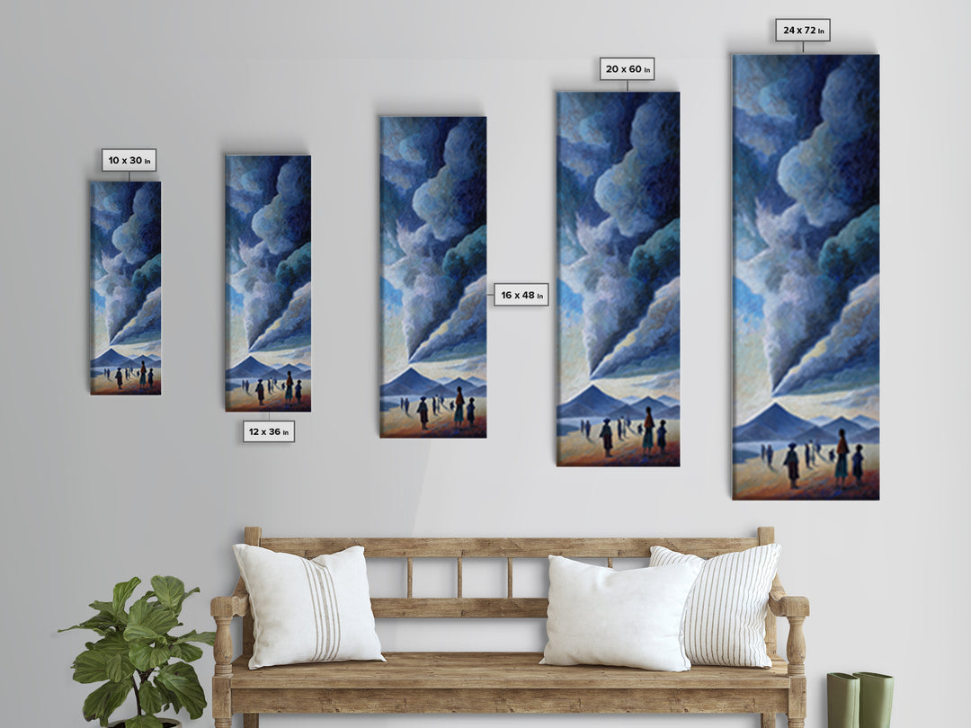 Figures Facing A Whirling Cloud Plume Canvas Print, African Landscape Wall Art, Volcano Sky, Mystical Safari Decor Gift For Home