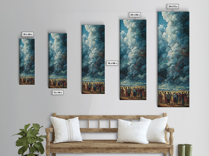 Towering Blue Clouds Above African Gathering Canvas Print, Afrocentric Wall Decor, Dramatic Sky Painting, Cultural Art Gift