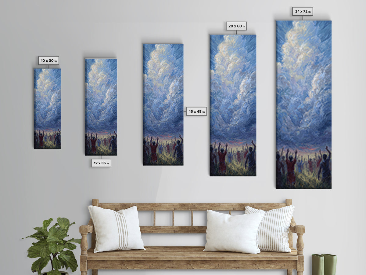 Expressive Blue Sky And Uplifted African Figures Wall Art, Afrocentric Decor, Spiritual Cloud Painting, Hopeful Gift For Home
