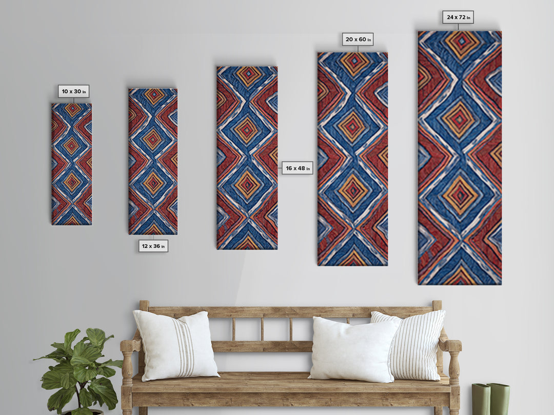 Red Blue Diamond African Textile Pattern Wall Art, Ankara Fabric Inspired Decor, Geometric Tribal Canvas Print Home Gift