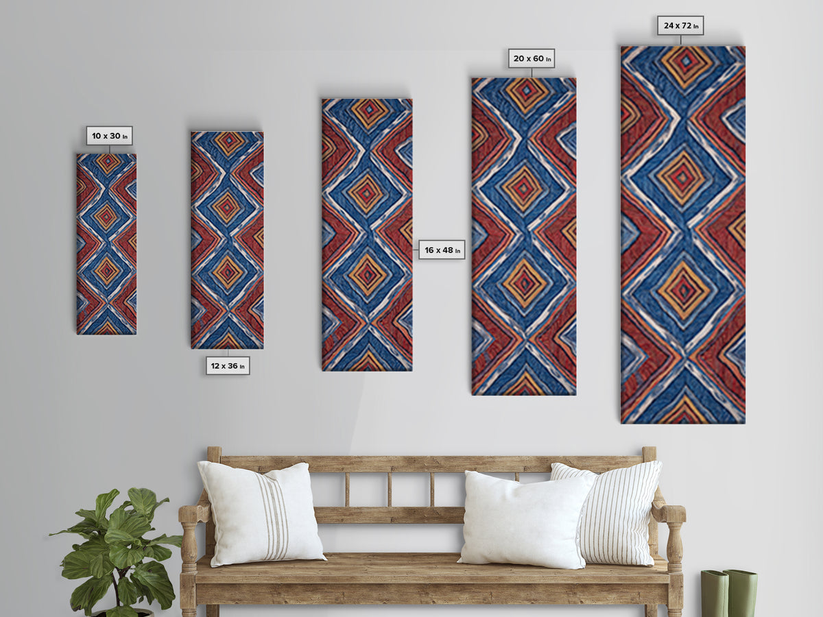 Red Blue Diamond African Textile Pattern Wall Art, Ankara Fabric Inspired Decor, Geometric Tribal Canvas Print Home Gift