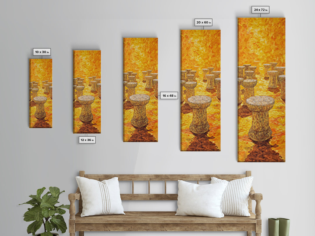 Golden African Stool Landscape Wall Art, Warm Orange Textured Painting, Unique Canvas Decor For Safari Inspired Home Decor