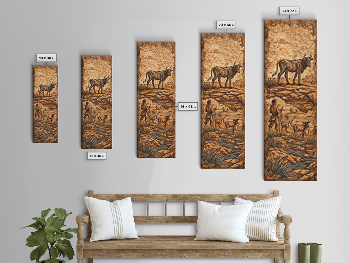 Ancient Cattle Herder Cave Painting Wall Art, African Safari Art Print, Rustic Tribal Landscape Decor For Home Office Decor