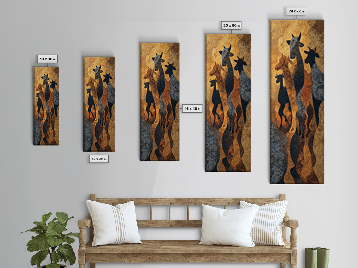 Giraffe Family Silhouette Canvas Print, African Safari Art, Warm Gold Black Wall Decor For Nursery Living Room Home Decor Gift