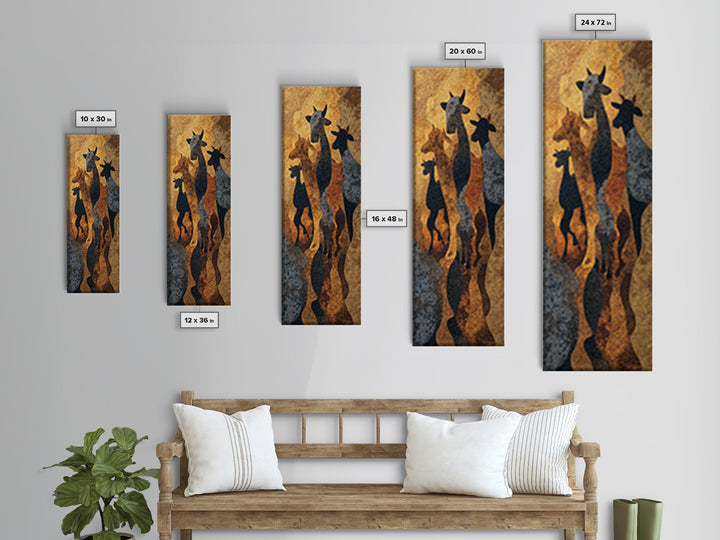 Giraffe Family Silhouette Canvas Print, African Safari Art, Warm Gold Black Wall Decor For Nursery Living Room Home Decor Gift