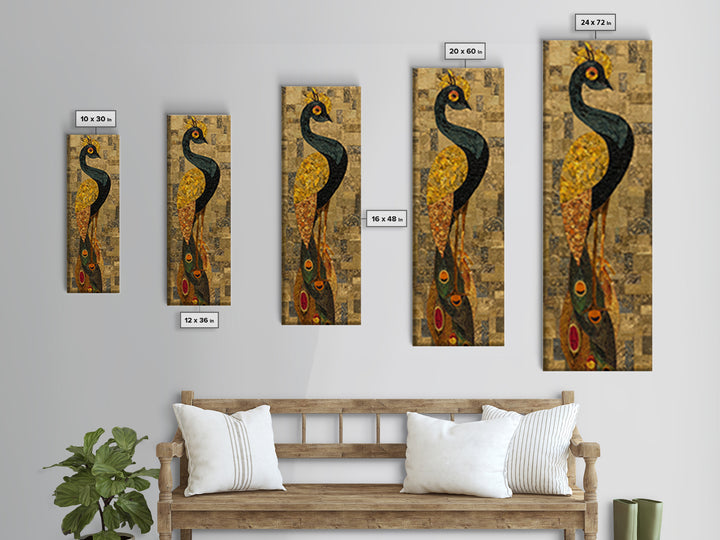 Tall Peacock Tribal Bird Framed Canvas Print, African Inspired Gold Mosaic Portrait, Elegant Cultural Wall Home Decor Gift