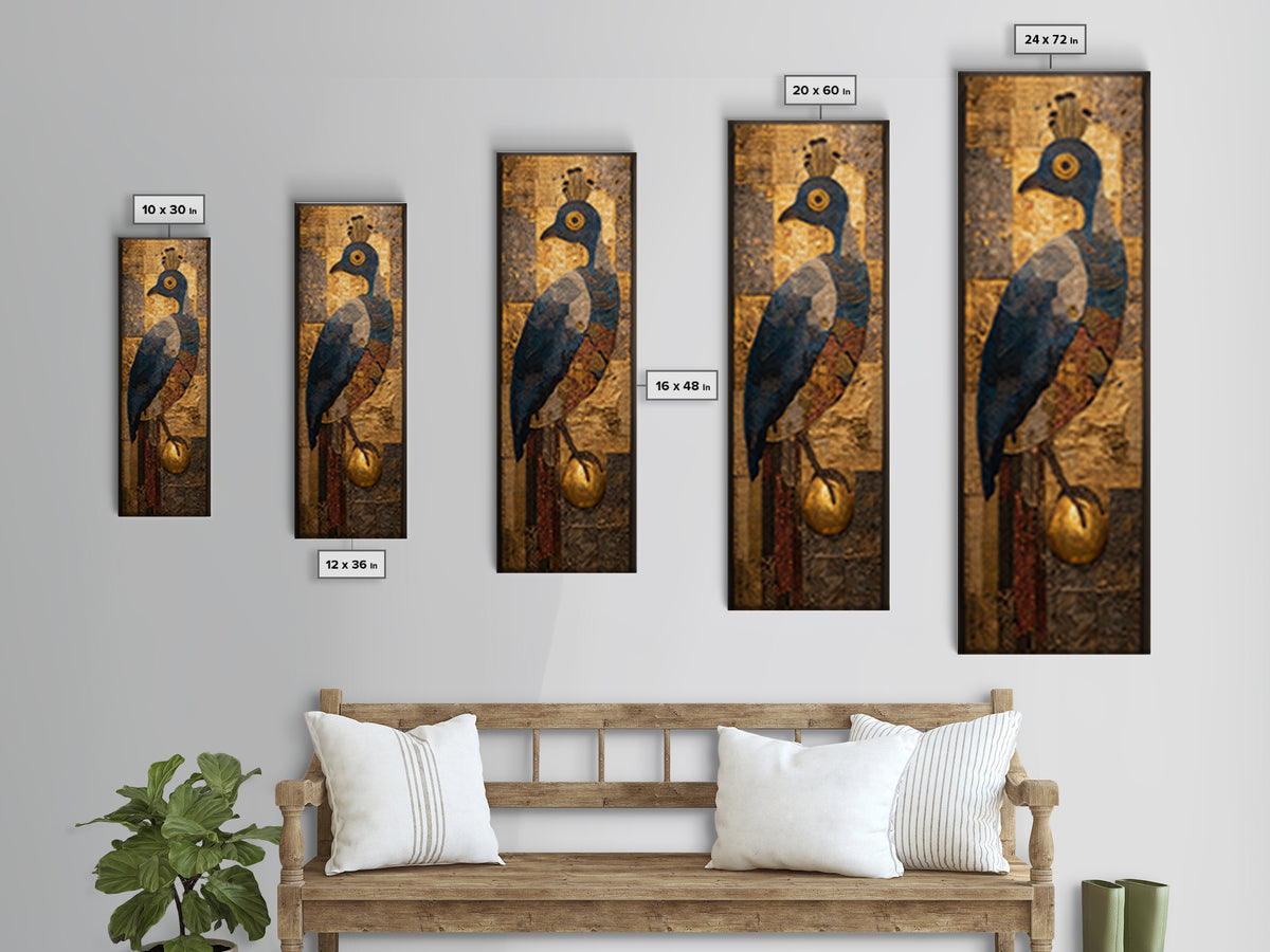 Blue Gold Peacock Portrait Canvas Print, African Inspired Bird Art, Textured Mixed Media, Luxury Elegant Home Wall Decor Gift