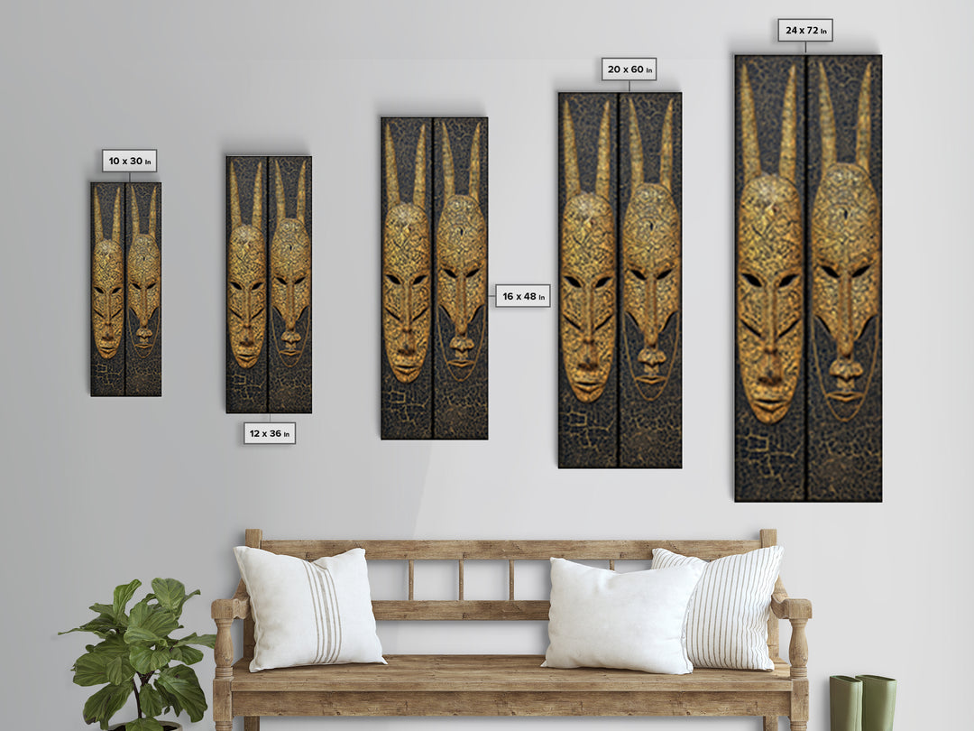 Gold Tribal Mask Diptych Wall Art, African Mask Art, African Tribal Decor, Black Gold Canvas, Afrocentric Home Decor Gift