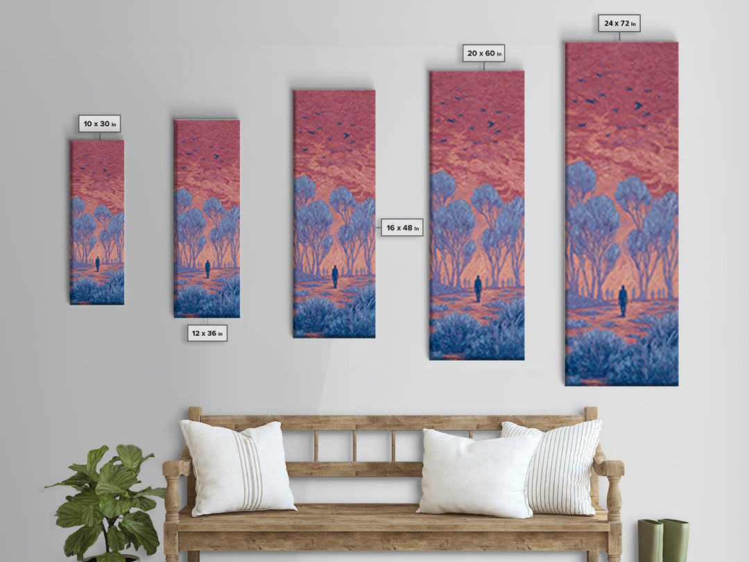 Pink Sunset Landscape Canvas Print, African Landscape, Dreamy Wall Art, Nature Scene Art, Blue Trees, Birds, Large Decor Art