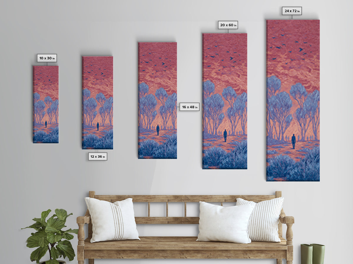 Pink Sunset Landscape Canvas Print, African Landscape, Dreamy Wall Art, Nature Scene Art, Blue Trees, Birds, Large Decor Art