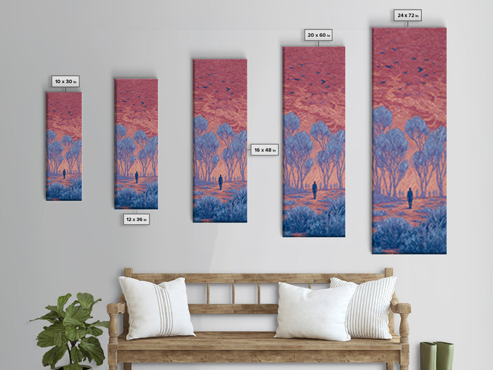 Pink Sunset Landscape Canvas Print, African Landscape, Dreamy Wall Art, Nature Scene Art, Blue Trees, Birds, Large Decor Art