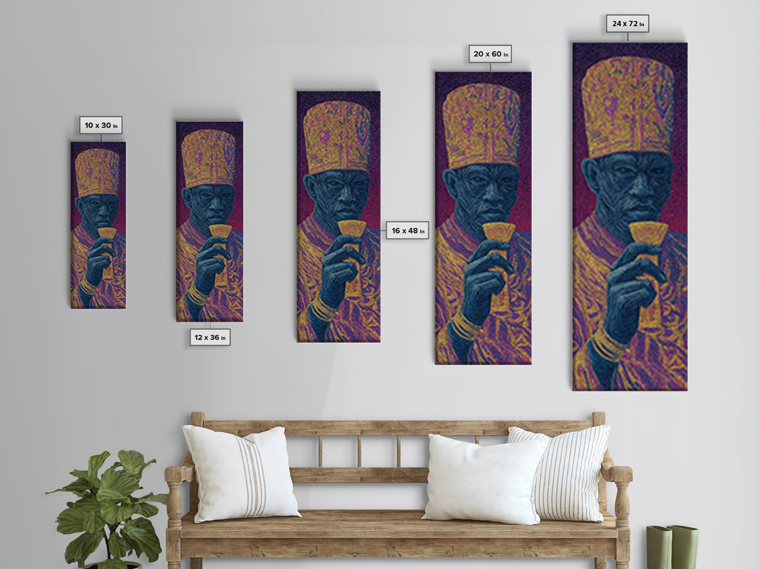 Ornate Blue Elder Drinking Tea Wall Art, African Portrait, Contemporary Canvas, Pointillist Black Art, Bold Home Decor Gift