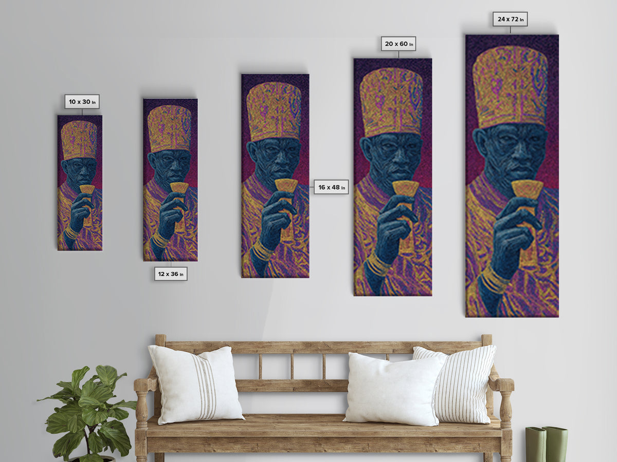 Ornate Blue Elder Drinking Tea Wall Art, African Portrait, Contemporary Canvas, Pointillist Black Art, Bold Home Decor Gift