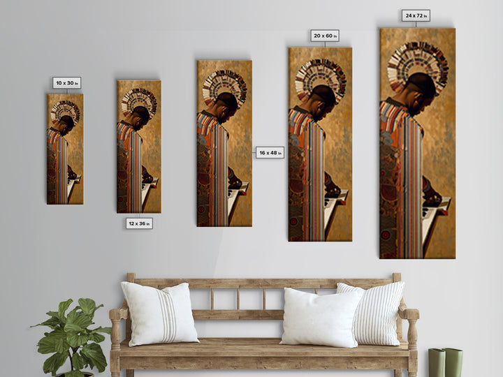 African Pianist With Halo Headdress Wall Art, Afrocentric Portrait, Black Culture Decor, Modern African Art, Music Room Canvas