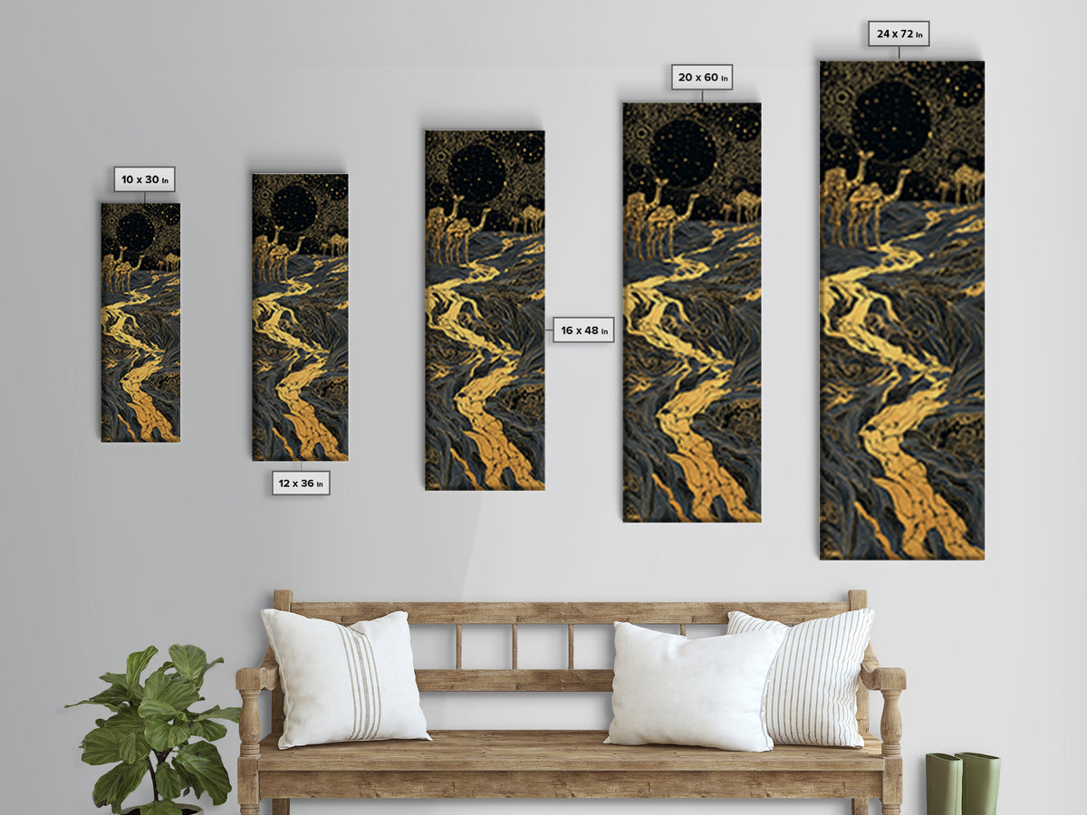 Golden Moon Elephants In Cosmic River Wall Art, African Safari Art, Black And Gold Decor, Mystical Landscape, Statement Print