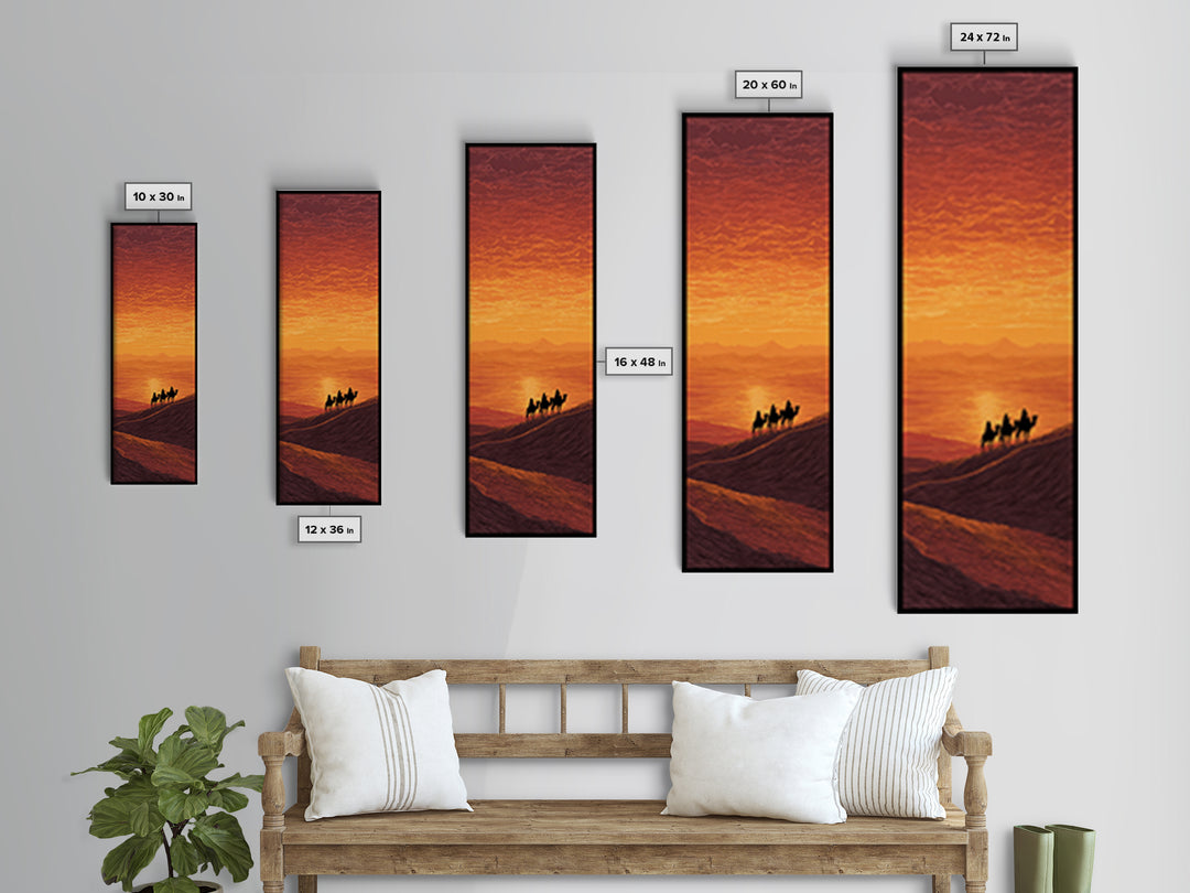 Sunset Camel Caravan Over Desert Dunes Canvas Print, African Landscape, Sahara Travel Wall Decor, Warm Orange Safari Art