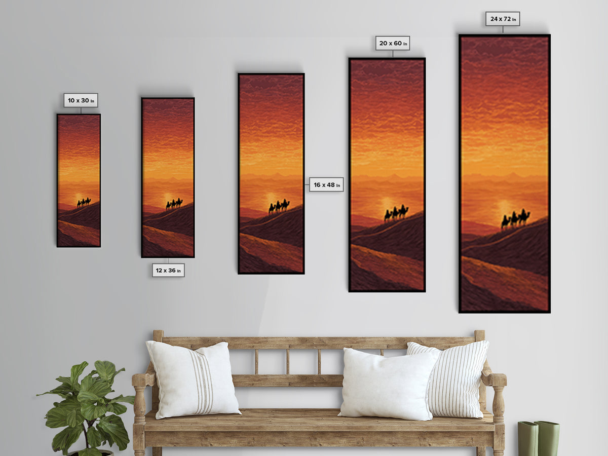 Sunset Camel Caravan Over Desert Dunes Canvas Print, African Landscape, Sahara Travel Wall Decor, Warm Orange Safari Art