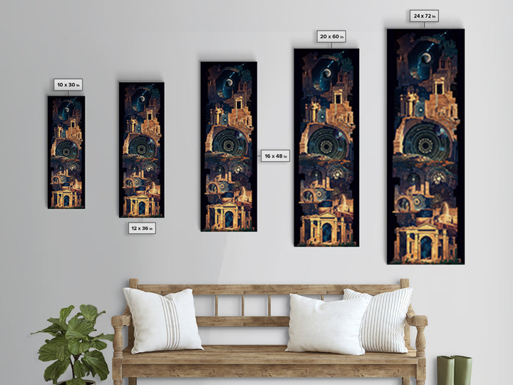 Ancient Temple Night Wall Art, Mystical Ruins Under Moon, African Inspired Architecture, Spiritual Blue Gold Home Decor Gift