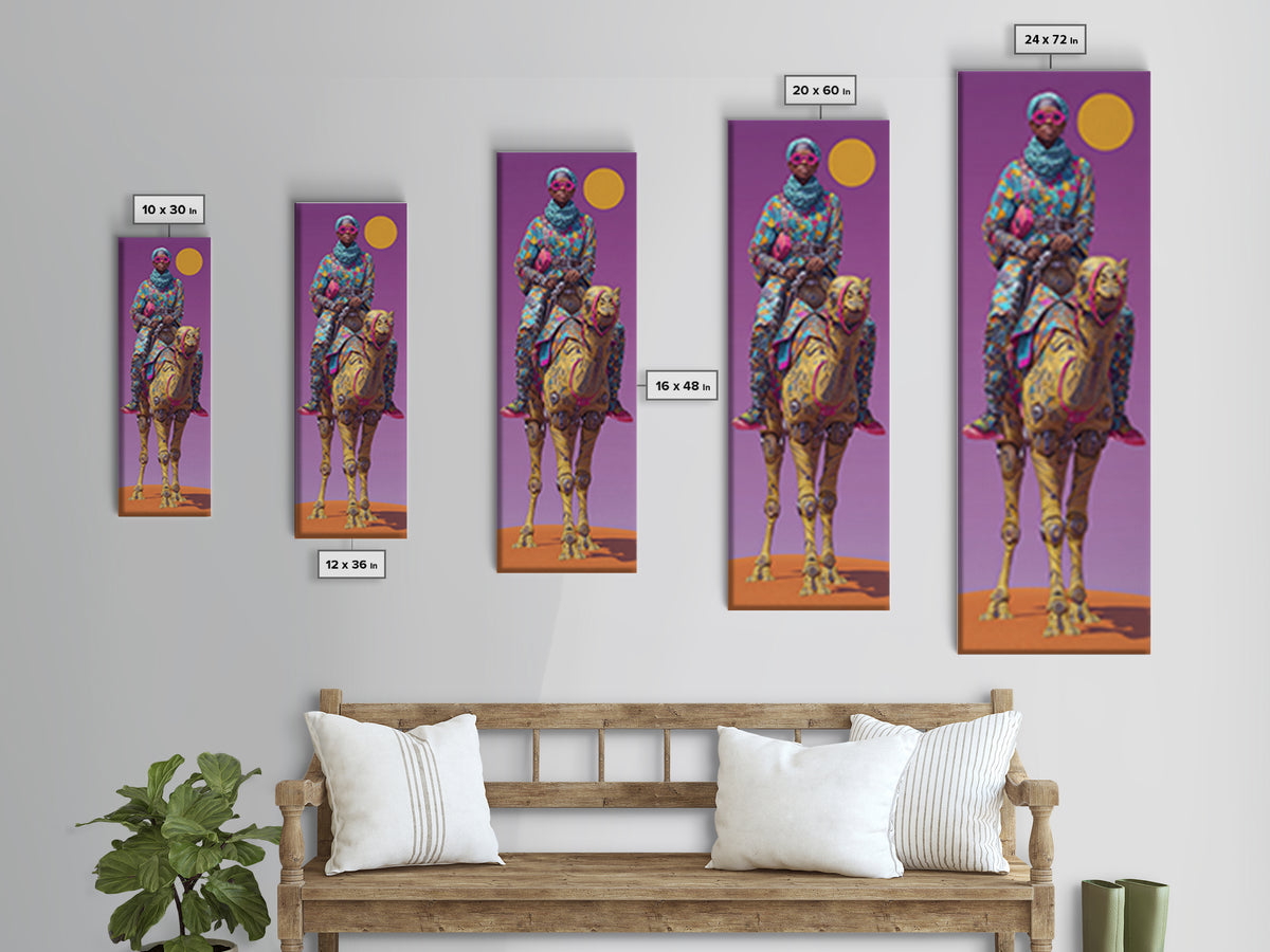 Afrofuturist Woman On Robotic Camel Wall Art, African Queen Portrait, Modern African Art, Purple Orange Desert Decor Print