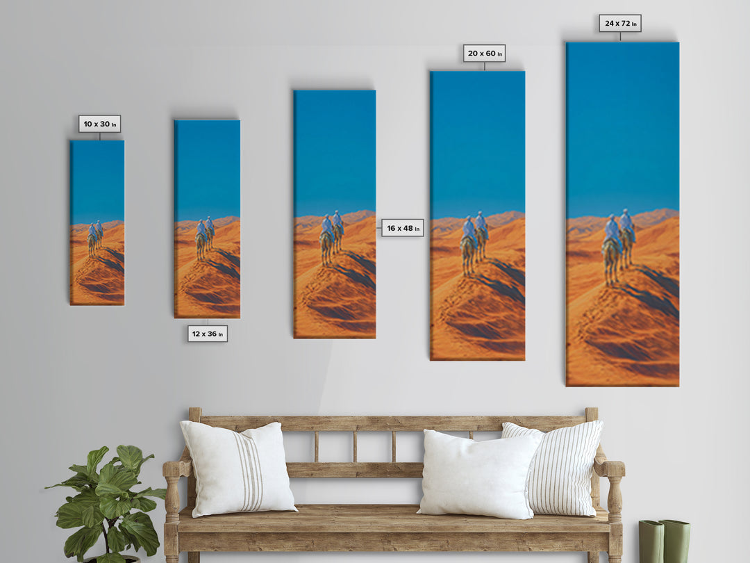 Blue Nomad Riders Crossing Orange Desert Dunes Wall Art, African Safari Decor, Modern Canvas, Boho Living Room Artwork Prints