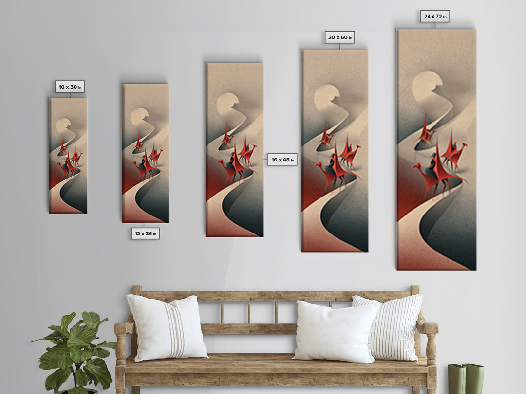 Red Crowned Birds On Winding Moonlit River Canvas Print, Abstract African Art, Elegant Boho Wall Decor, Modern Home Gift