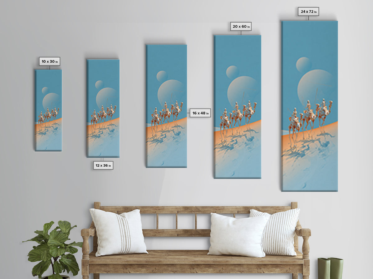 White Camel Riders Beneath Pale Blue Moons Framed Canvas Print, African Safari Art, Dreamy Desert Decor, Unique Wall Artwork