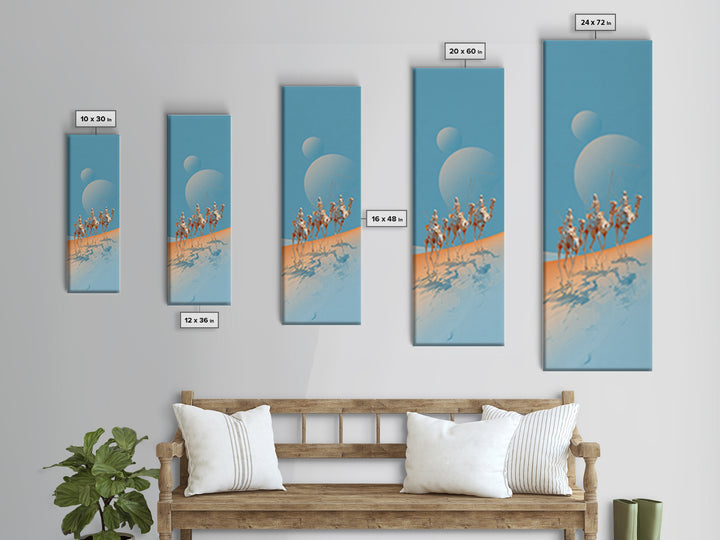 White Camel Riders Beneath Pale Blue Moons Framed Canvas Print, African Safari Art, Dreamy Desert Decor, Unique Wall Artwork