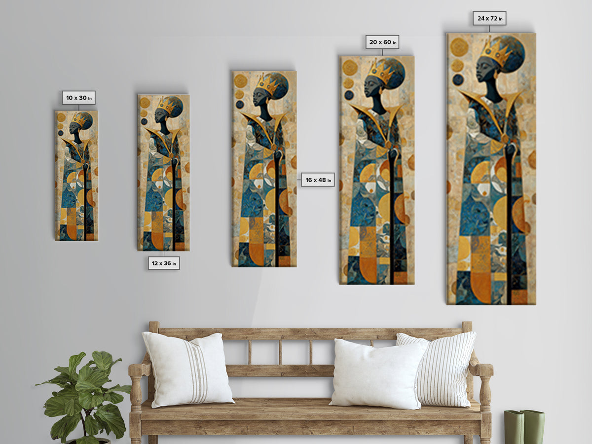 Crowned African Queen With Gold And Teal Geometry Canvas Print, Black Woman Art, Afrocentric Wall Decor, Elegant Home Gift