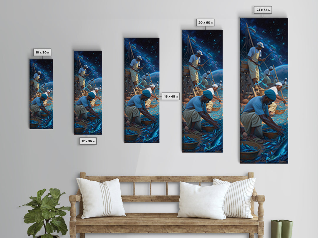 Starlit Fishermen Sorting Blue Catch Framed Canvas Print, Cosmic Seascape Wall Art, Coastal Work Scene, Unique Decor, Gift For Him
