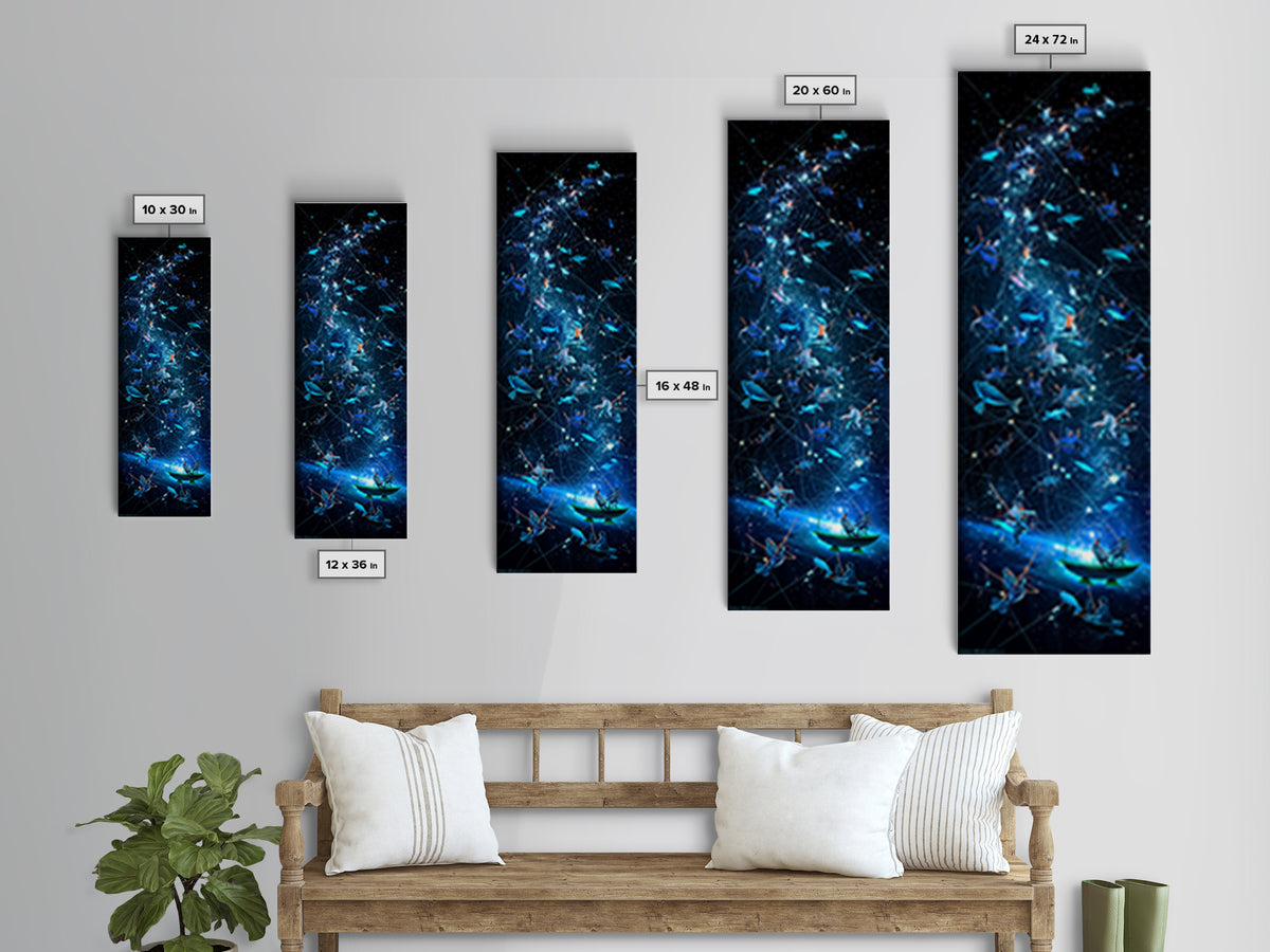 Glowing Fish Constellation Wall Art, Cosmic Ocean Canvas Print, Blue Galaxy Sea Life, Dreamy Nautical Modern Decor, Large Decor Art