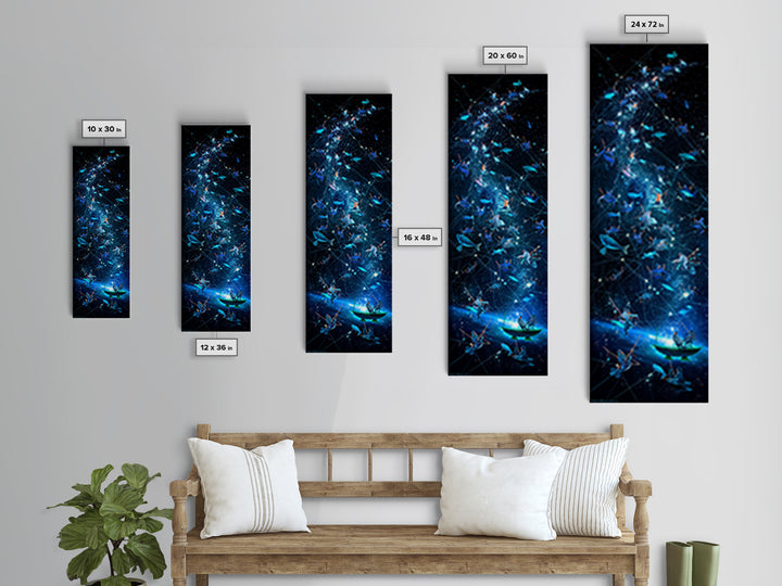Glowing Fish Constellation Wall Art, Cosmic Ocean Canvas Print, Blue Galaxy Sea Life, Dreamy Nautical Modern Decor, Large Decor Art