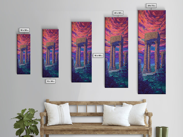 Ancient Stone Portal At Neon Sea Wall Art, Surreal Ruins Landscape, African Inspired Decor, Fantasy Sunset Canvas Print Gift