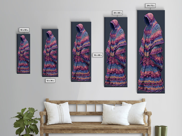 Hooded Indigo Textile Woman Canvas Print, African Woman Art, Pink Blue Patterned Robe, Feminine Boho Wall Decor Gift For Her