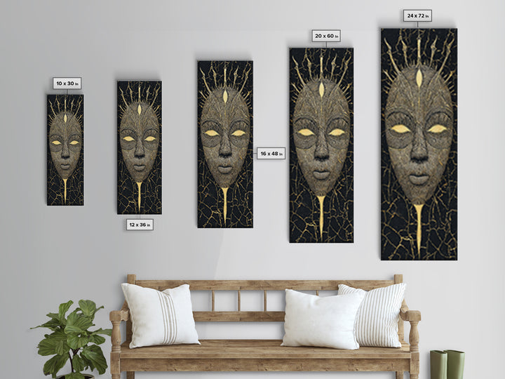 Crowned Ritual Mask Canvas Print, Golden African Tribal Art, Black Gold Face Portrait, Spiritual Wall Decor Gift For Home