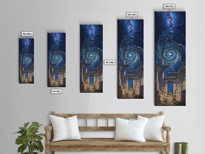 Cosmic Spiral Portal Over Ancient Ruins Canvas Print, Starry Galaxy Wall Decor, Mystical Wall Art, Blue Fantasy Gift For Her