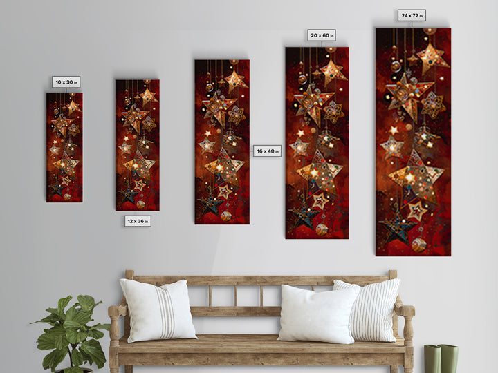 Hanging Mosaic Star Ornaments Framed Canvas Print, Red Celestial Wall Art, Holiday Decor, Bohemian Home Decor Gift For Her