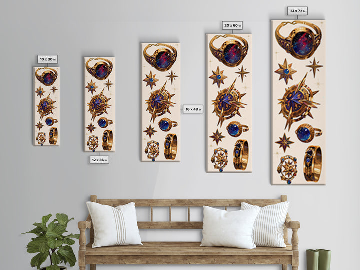 Celestial Compass Jewelry Canvas Print, Gold Star Rings Wall Art, Luxury Fashion Decor, Mystic Galaxy Home Decor Gift For Her