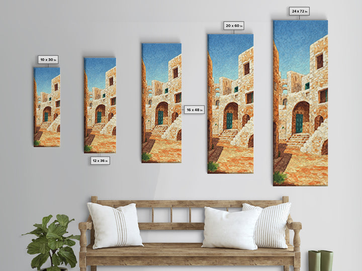 Sunlit Stone Medina Alley Canvas Print, Moroccan Blue Door Wall Art, African Travel Decor, Rustic Beige Home Decor Gift Print