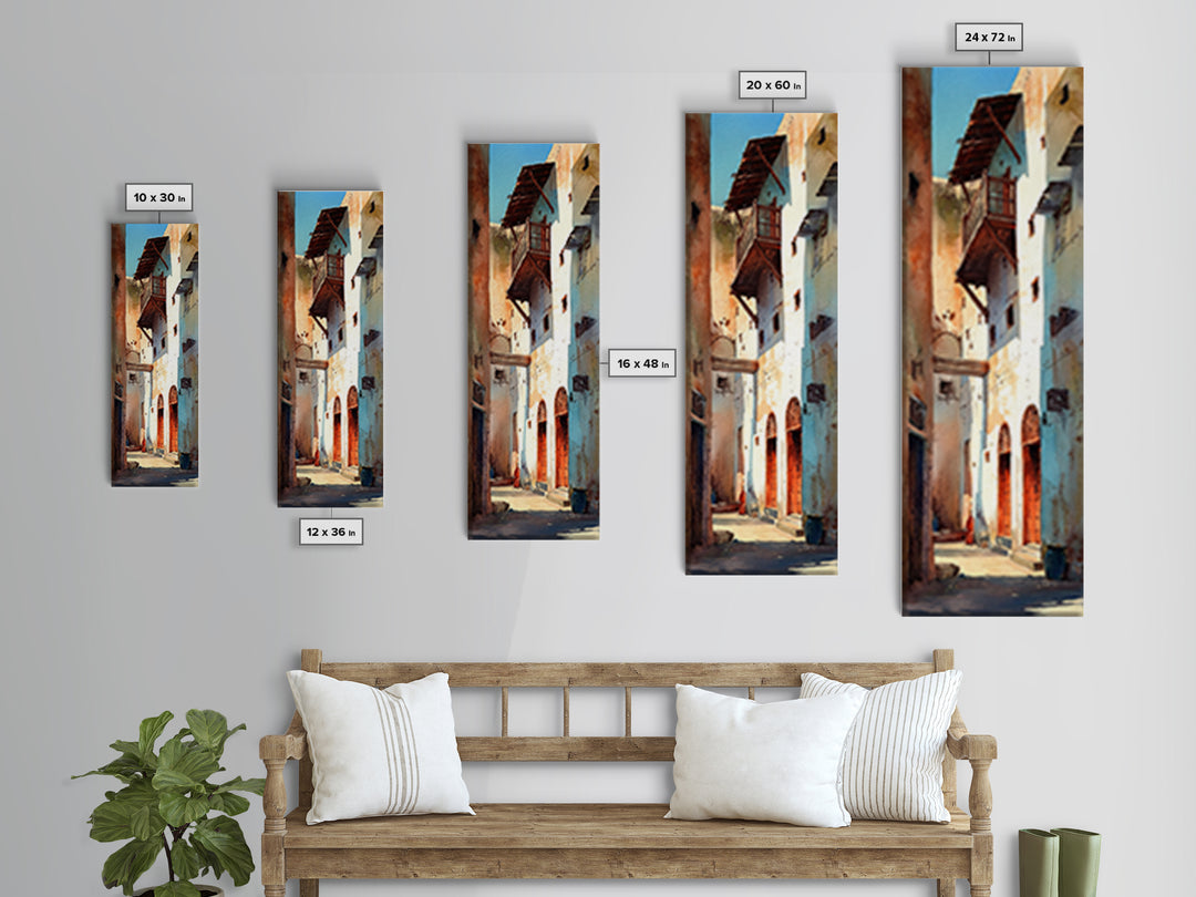 Narrow Old Town Alley Framed Canvas Print, Moroccan Street Wall Art, African Inspired Rustic Decor, Mediterranean Home Gift